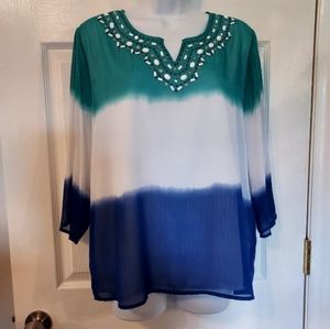 Alfred Dunner Petite Beaded Blue Green WhiteTunic 12P mature Boho Resort